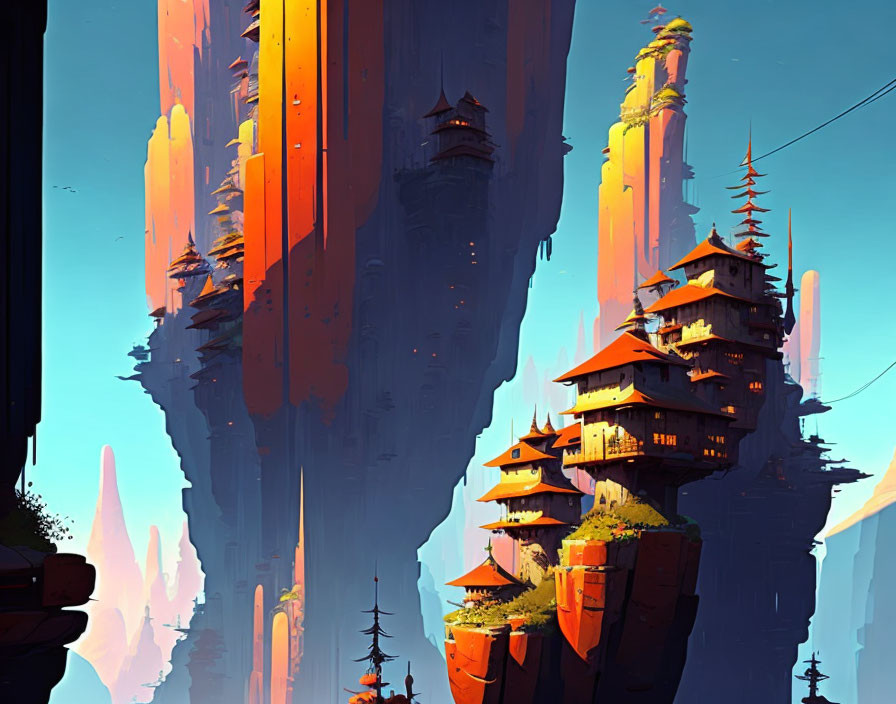 Orange Rock Formations and Asian-Inspired Buildings in Fantasy Landscape