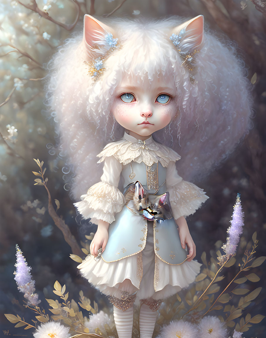 Fantastical character with blue eyes, fluffy hair, cat ears, frilly dress, holding a