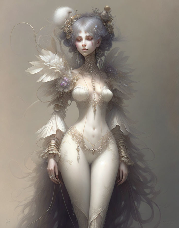 Ethereal figure with pale skin, blue hair, pearls, feathers, and gold-accented