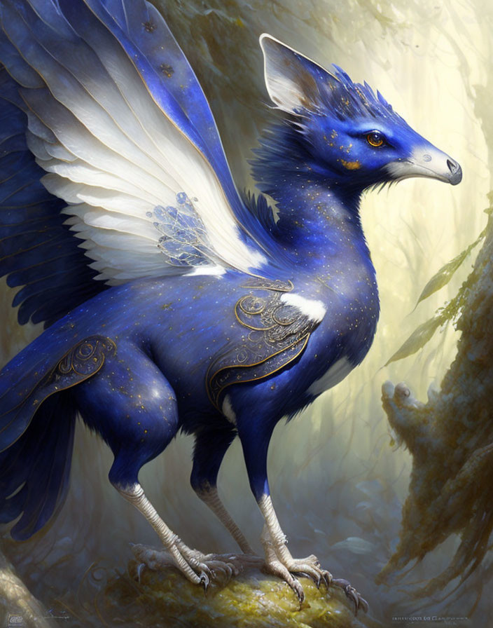 Blue fox with wings perched in dreamy forest