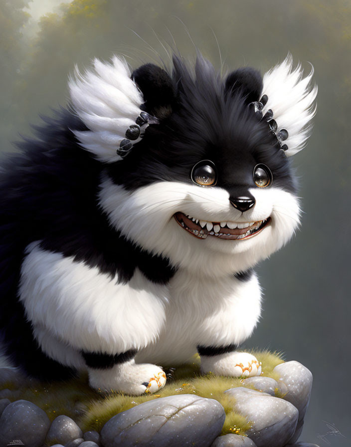 Fluffy black and white creature with a big smile on rocks with flowers