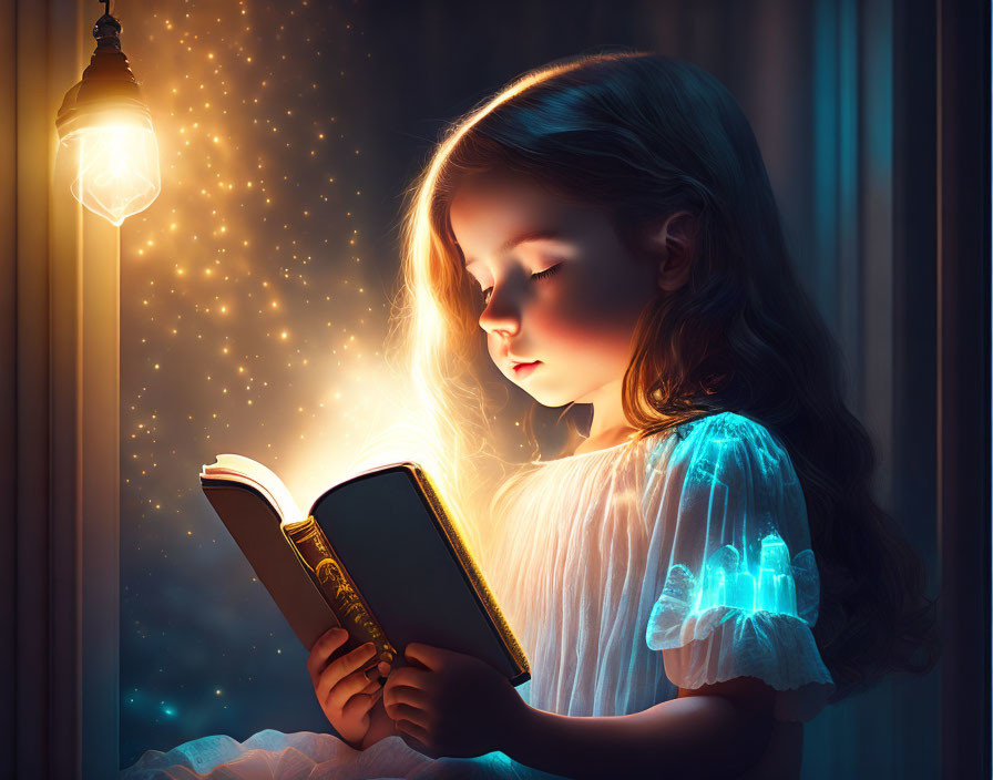 Young girl reading glowing book under street lamp at night