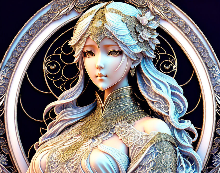 Detailed Fantasy Female Character Artwork with Intricate Armor and Headdress