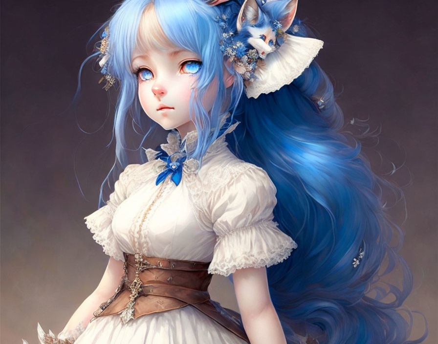 Digital artwork featuring a girl with blue hair and eyes in a white dress with blue floral accessories