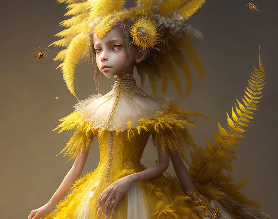 Fantasy portrait featuring person with yellow feathers and bird-like elements.