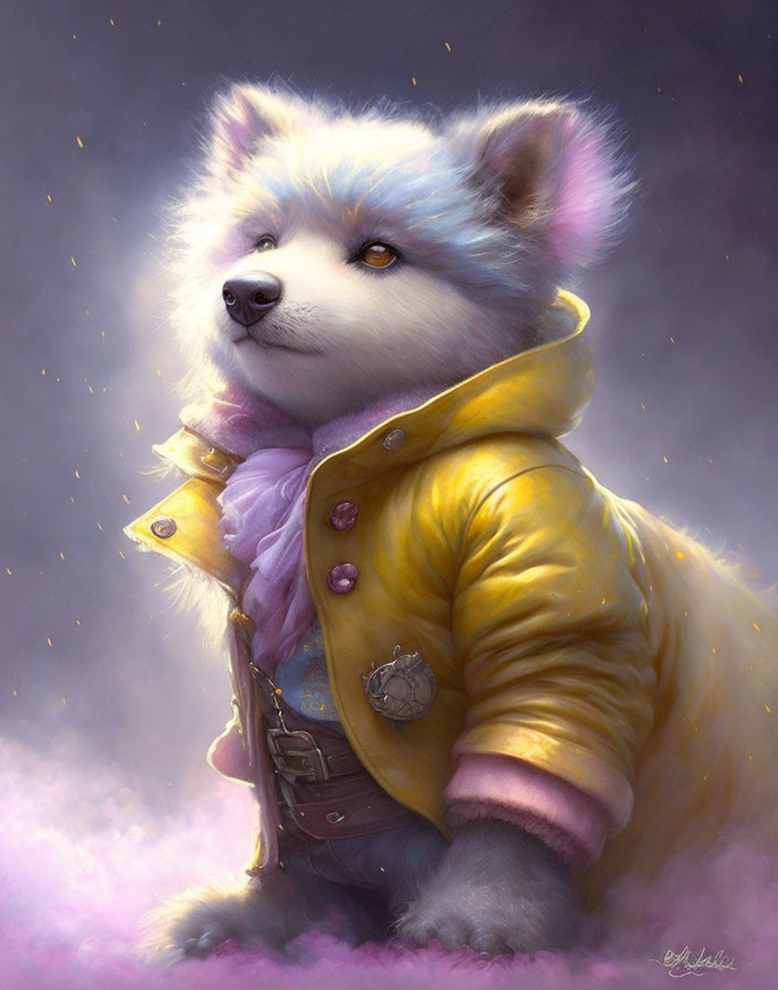 Fluffy White and Gray Dog in Yellow Jacket and Purple Scarf