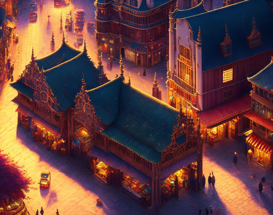 Vibrant twilight street scene with traditional architecture and bustling market stalls