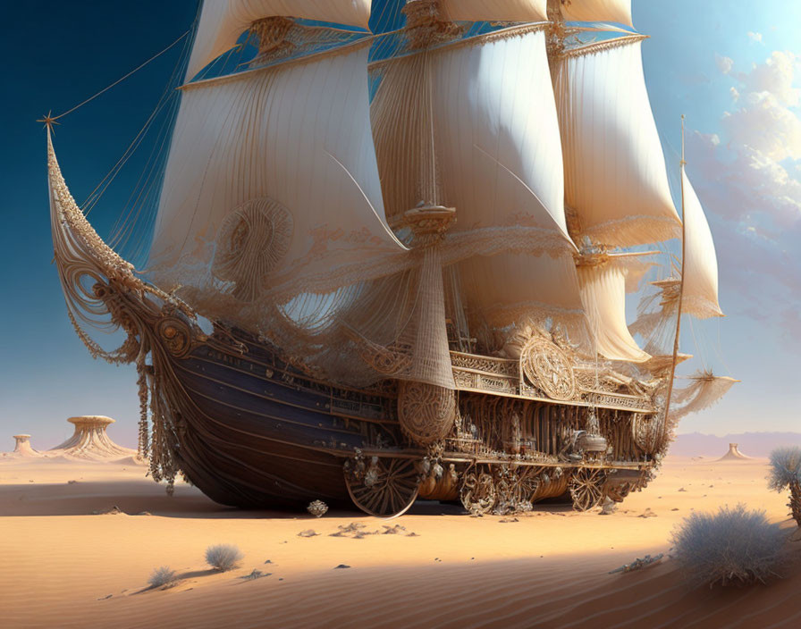 Ornate ship with wheels crossing desert under clear sky