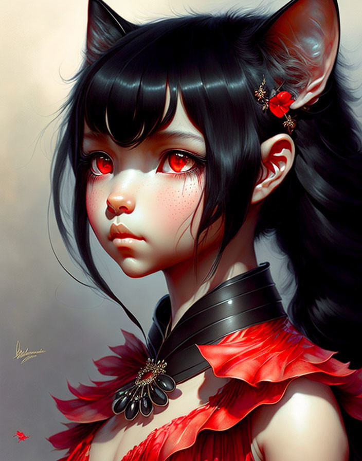 Digital artwork featuring girl with cat ears, red eyes, ruffled collar, floral hairpiece, and