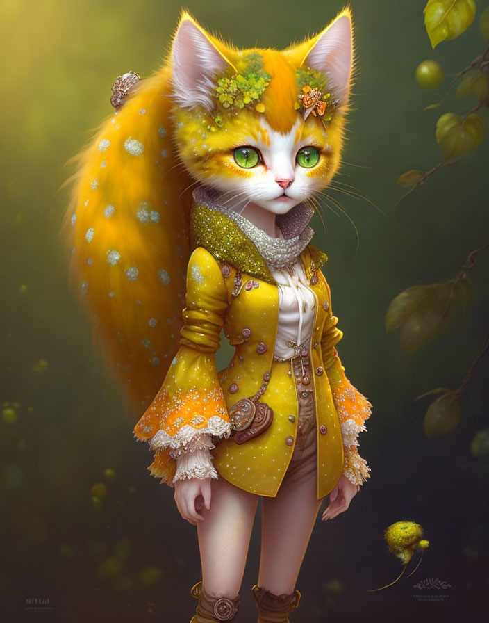 Anthropomorphic orange cat in yellow coat and scarf in fantasy forest.