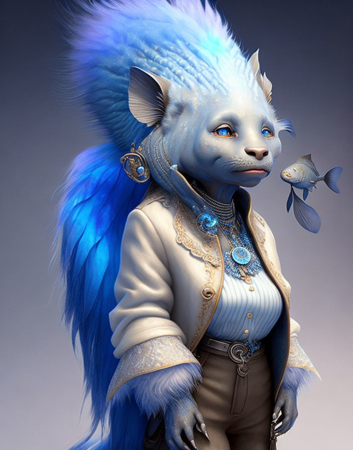 Blue feline humanoid in stylish attire with jewelry next to floating fish