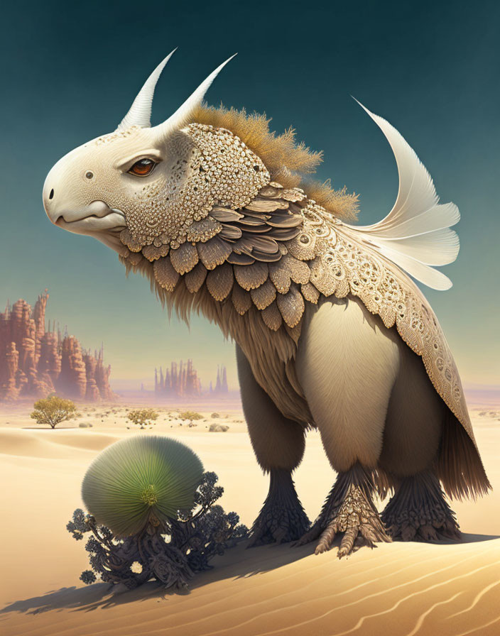 Mythical creature with scales and feathers in desert with spherical plants