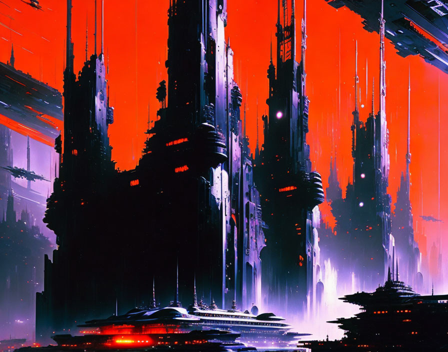 Futuristic crimson and black cityscape under red sky