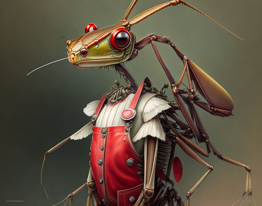 Anthropomorphic mantis in red and metallic steampunk style