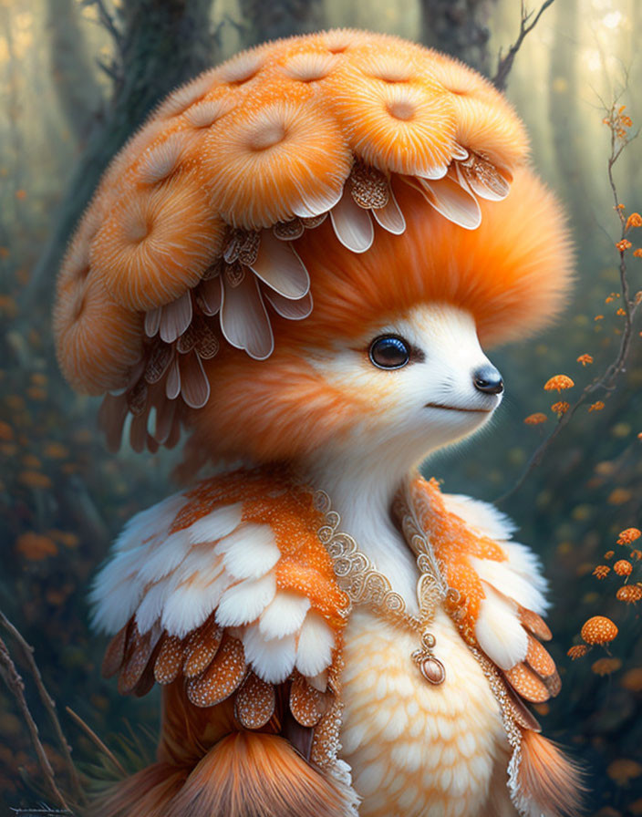 Bird-bodied, fox-headed creature in golden forest with mushroom mane