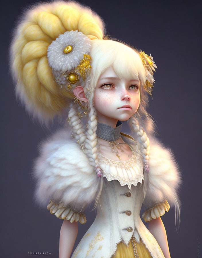 Illustrated character with large golden hair buns and braids, golden accessories, and a white fur