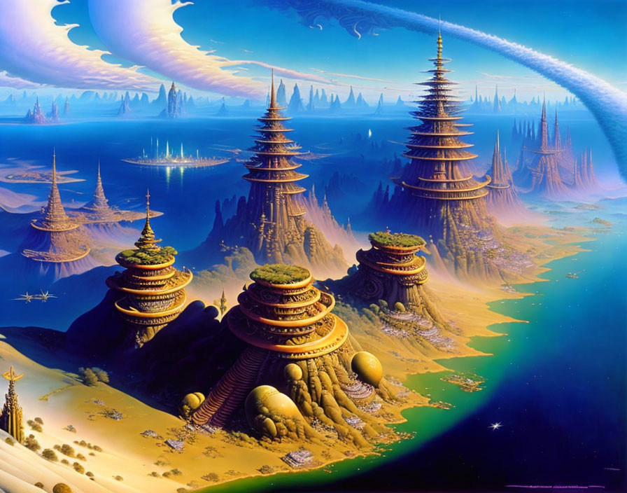 Alien structures and floating orbs in vibrant sci-fi landscape