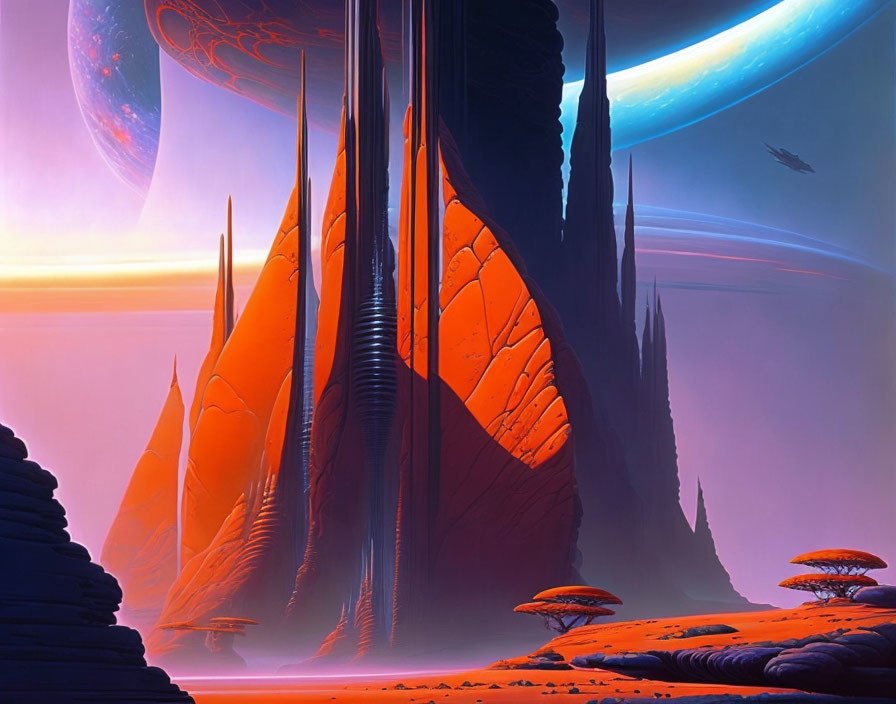 Vibrant sci-fi landscape with towering spires and alien planets