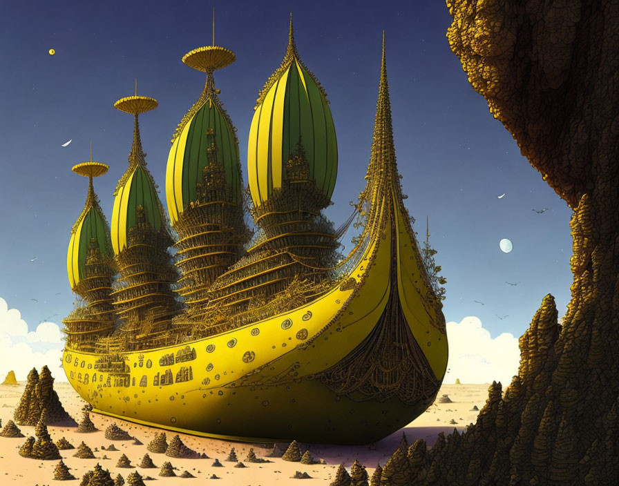 Golden ship with green spires floating above desert cliff under two moons