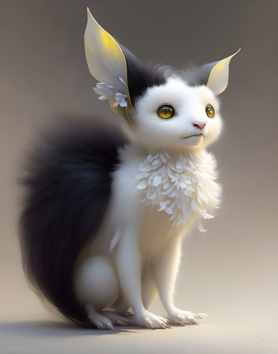 Fantasy creature digital art: cat-like with yellow eyes, pointed ears, feathered collar