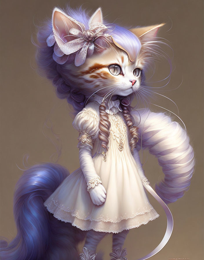 Anthropomorphic cat in vintage cream dress with lace details