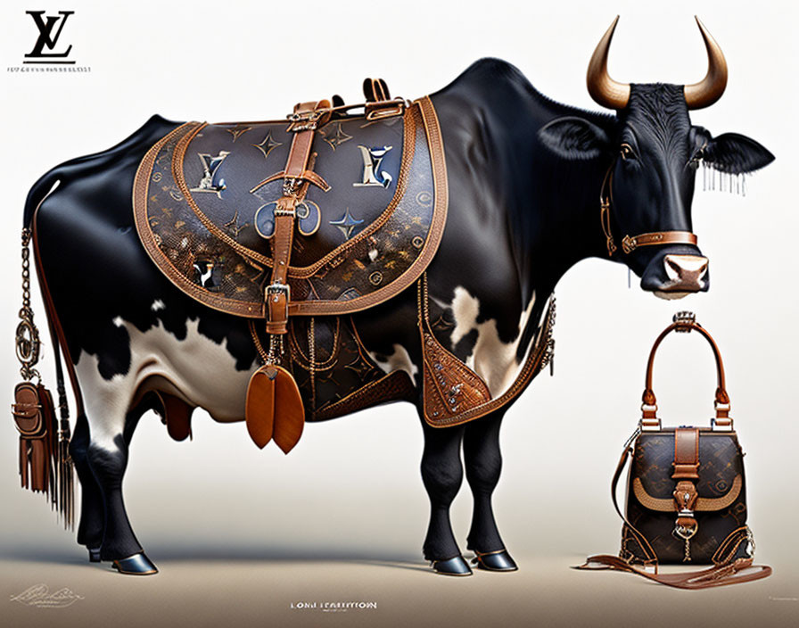 Luxury brand-patterned cow illustration with saddle, chain, and designer handbag.