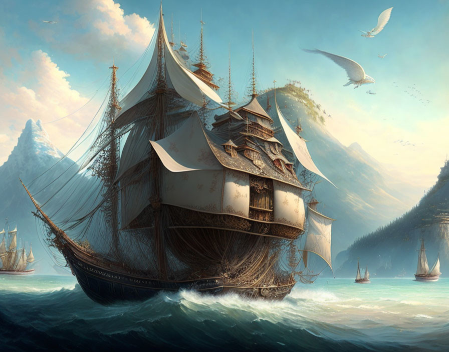 Majestic galleon sailing on calm sea with mountains and seabirds