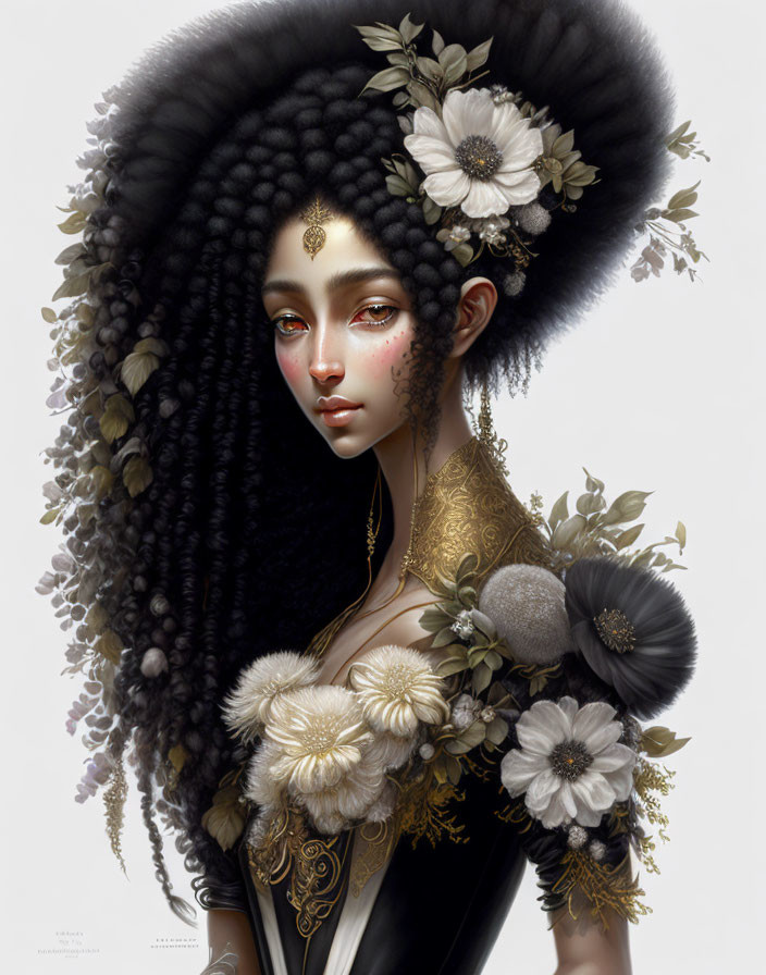 Detailed illustration of woman with black hair, white flowers, golden accessories, and facial tattoos.