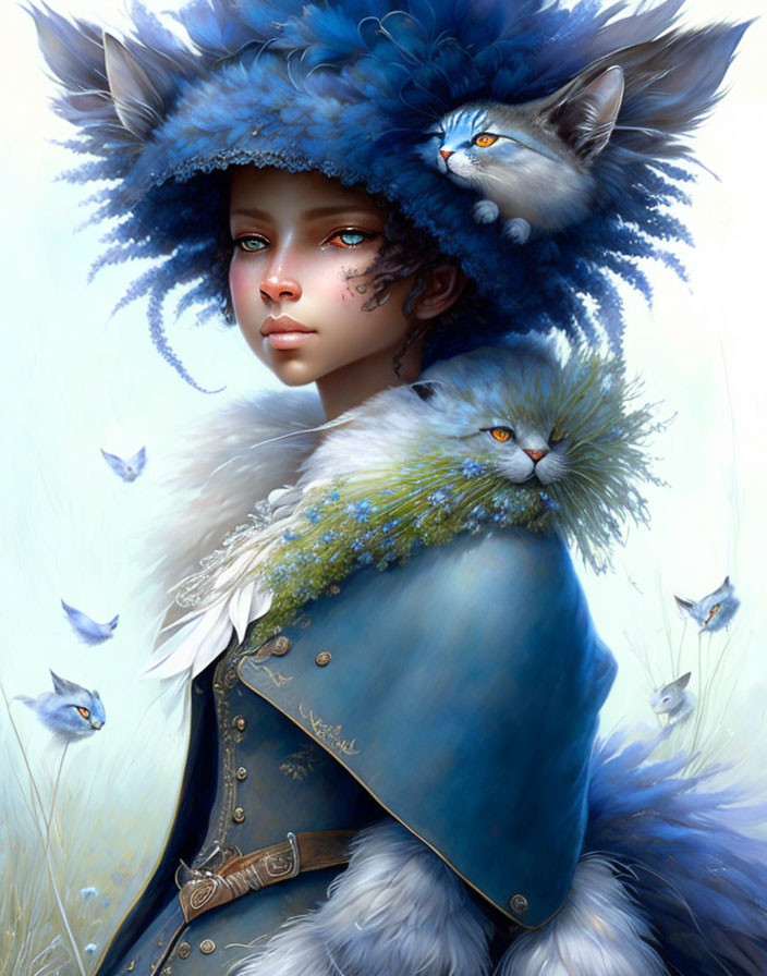 Fantasy portrait of woman in blue attire with fur, feathers, white cats, and birds.