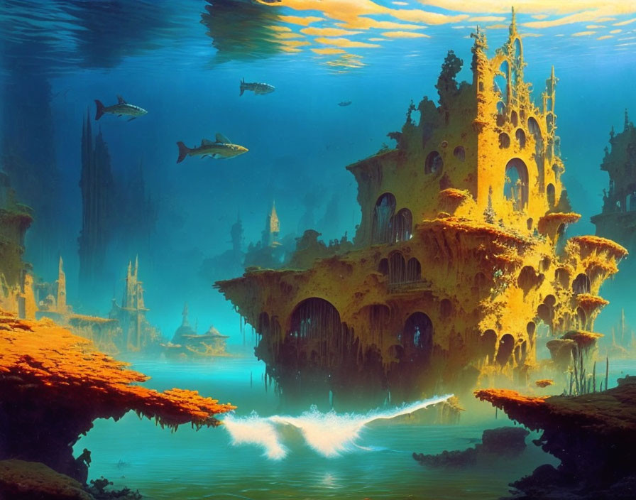 Ethereal underwater city with golden coral-like structures and marine life