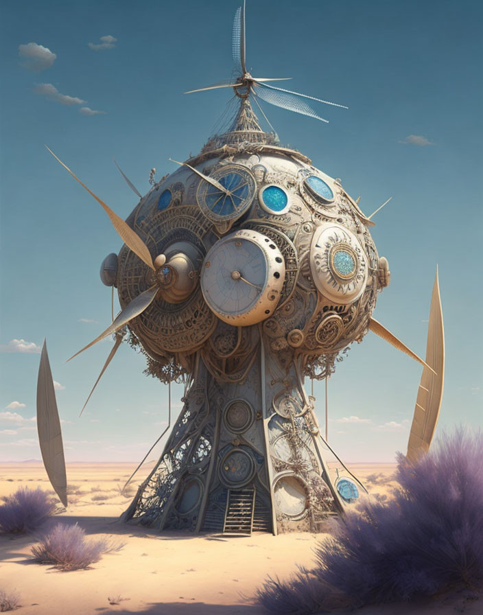 Steampunk onion dome structure with gears and clocks in desert landscape