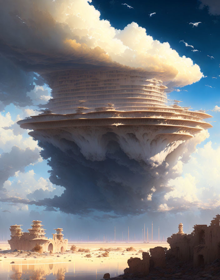 Layered cloud structure over desolate landscape with ruins and light beams