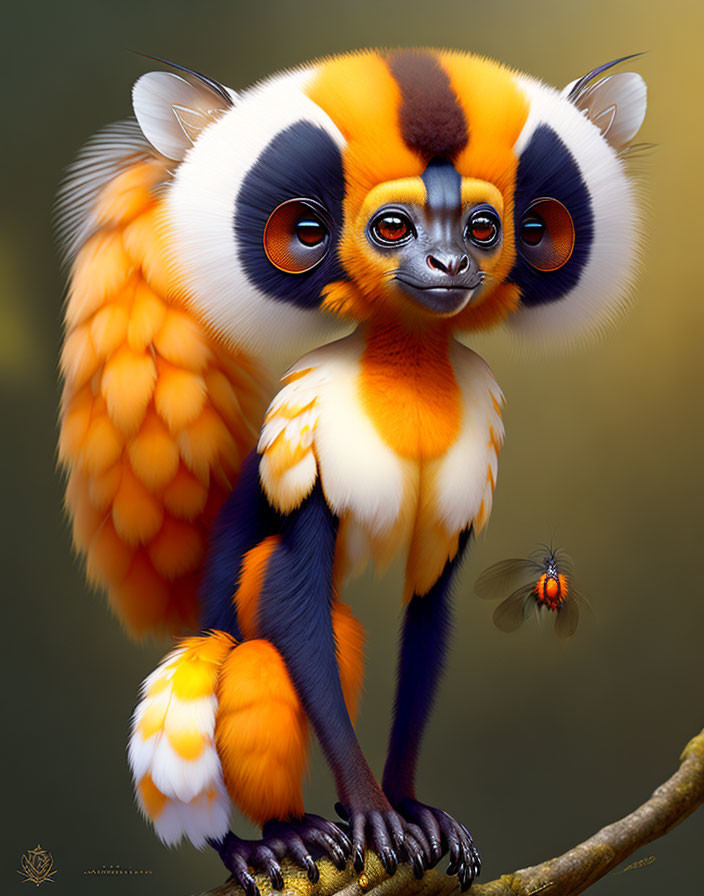 Colorful anthropomorphized animal with lemur-like face and expressive eyes on branch.