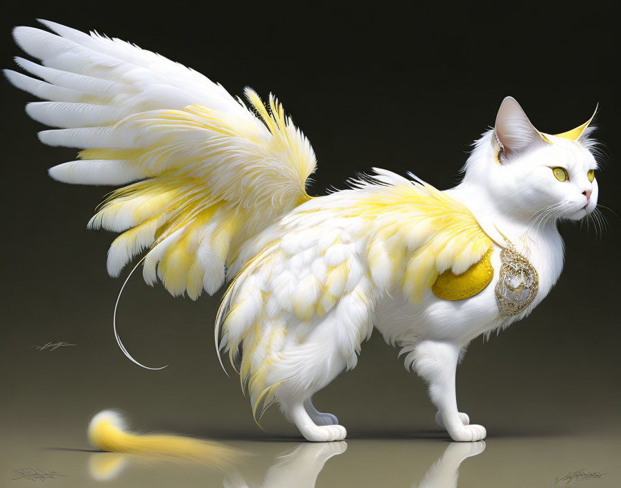 White Fantastical Cat with Yellow Feathered Wings & Golden Amulet