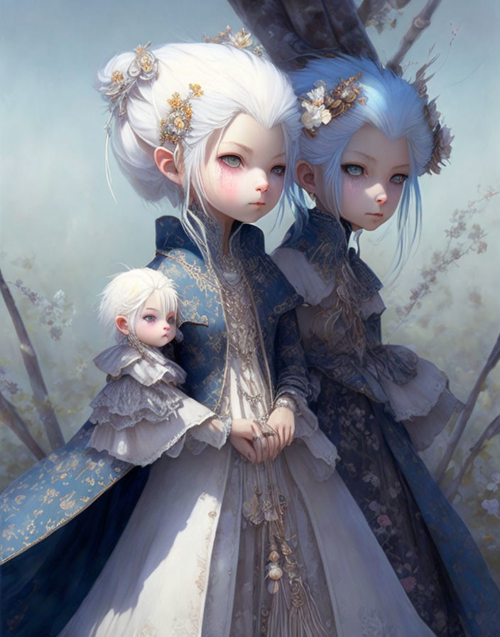 Ethereal anime-style characters among blossoming trees