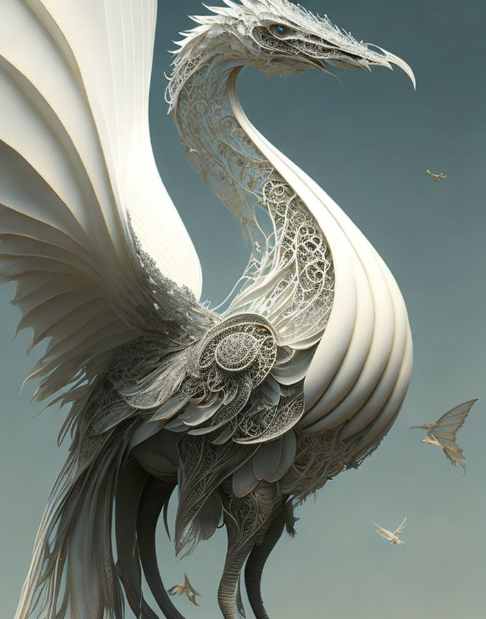 Majestic white dragon digital artwork with swirling patterns and feathers