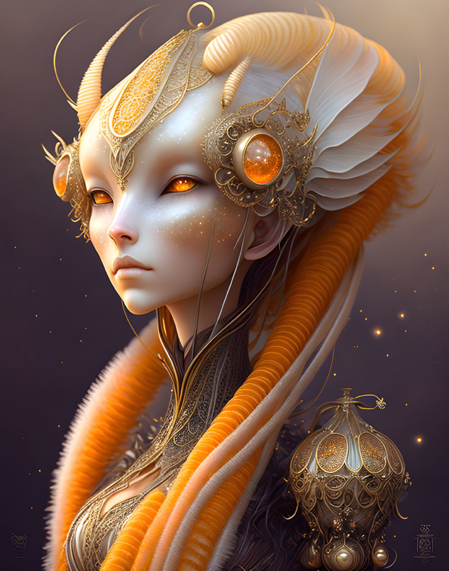 Fantasy female figure with golden headgear and ornate jewelry on dark background