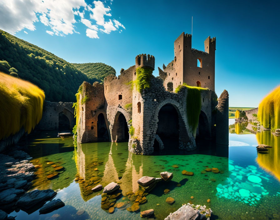 Ruined castle towers reflected in clear blue water under a blue sky.