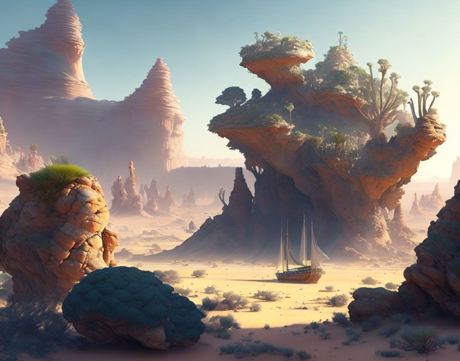 Surreal desert landscape with towering rocks, greenery, and stranded ship