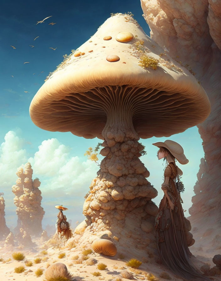 Woman in desert attire near towering mushroom in arid landscape