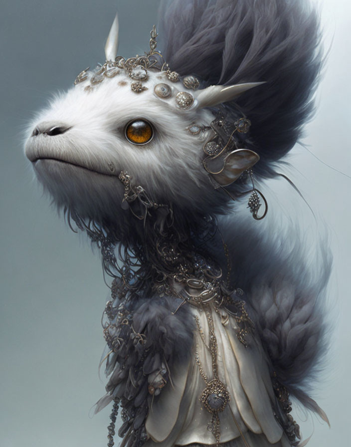 Illustrated creature with fluffy white head and orange eyes wearing silver jewelry