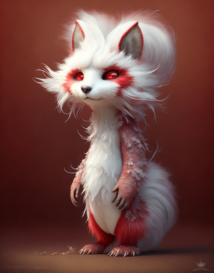 Fantastical white and red fluffy fox with red eyes and bushy tail