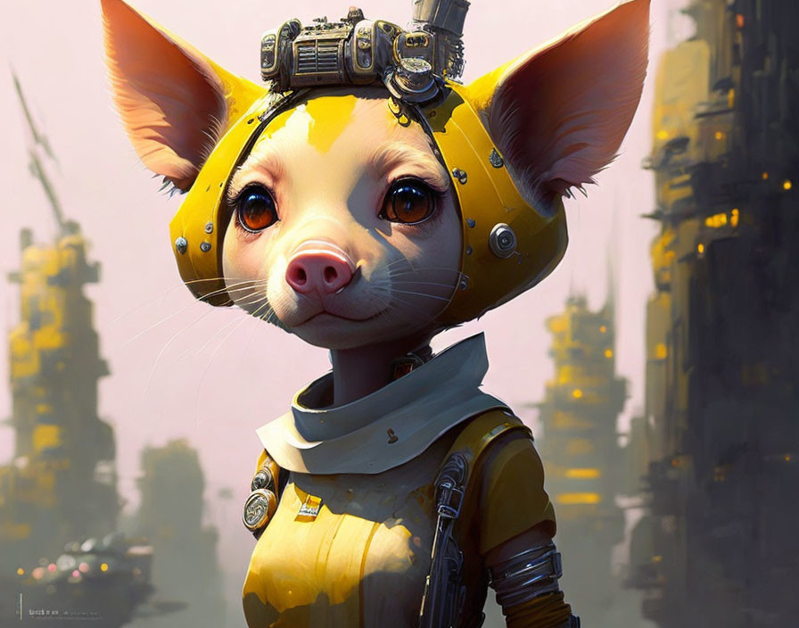 Anthropomorphic animal in yellow spacesuit with headset in futuristic setting