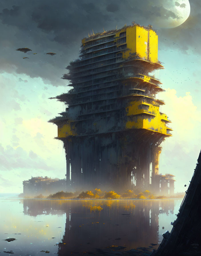 Dilapidated skyscraper in post-apocalyptic scene with yellow highlights, water surroundings, hazy