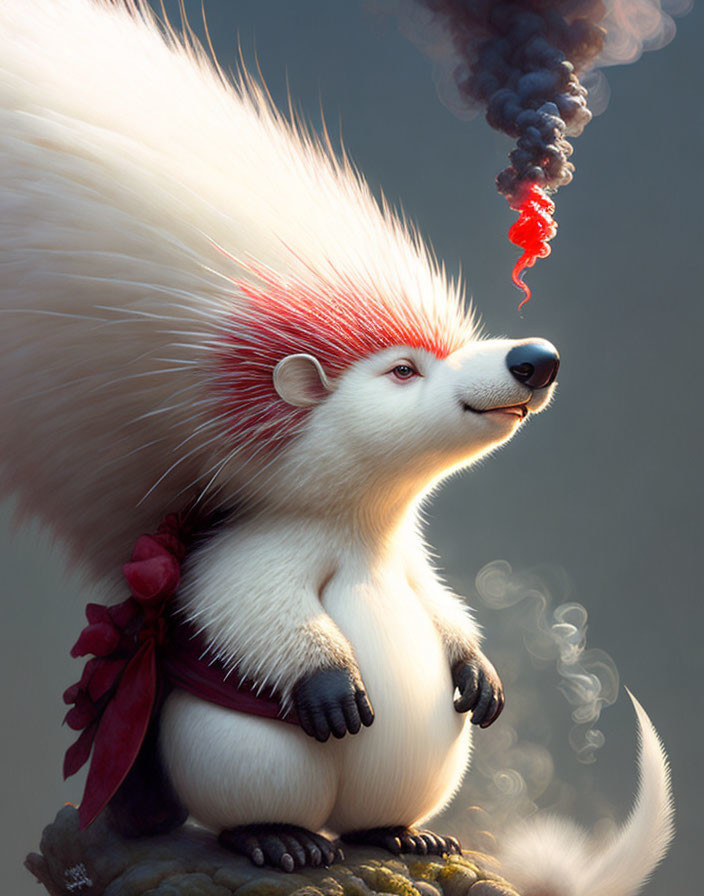 Red and White Quilled Porcupine Sniffing Red Flower in Artistic Style