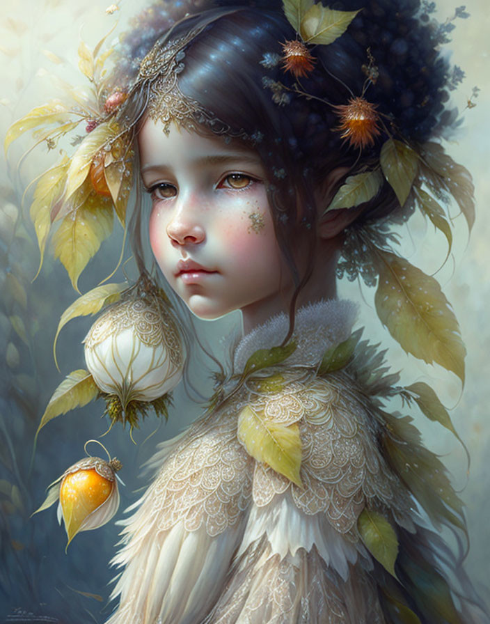 Whimsical painting of young girl with leaf, fruit, feather headdress.