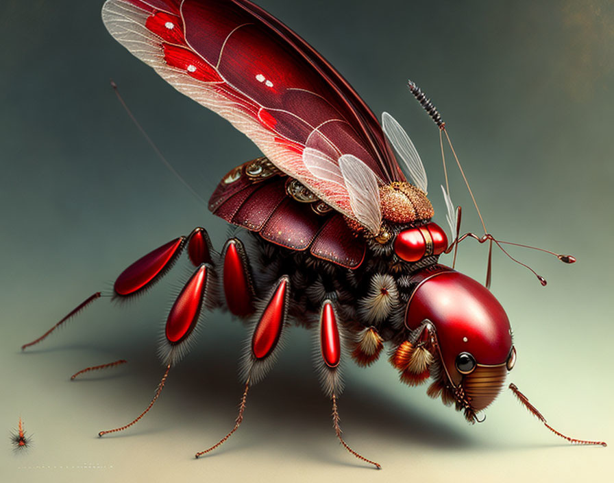 Detailed Digital Rendering of Shiny Mechanical Insect with Red and Brown Carapace