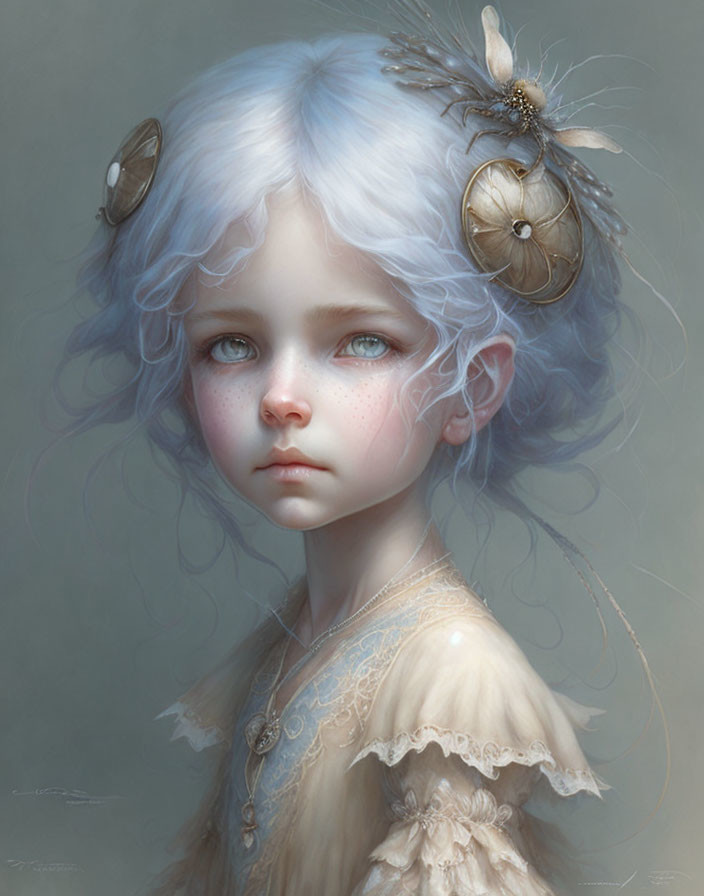 Portrait of young girl with pale blue hair and steampunk accessories