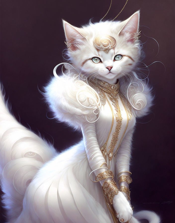 White Cat with Third Eye Wearing Jewelry and Headdress