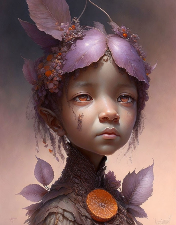 Serene young girl portrait with purple headwear and floral details